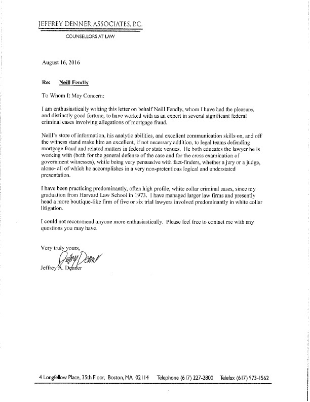 Neill Fendly Mortgage Defense Recommendation Letter
